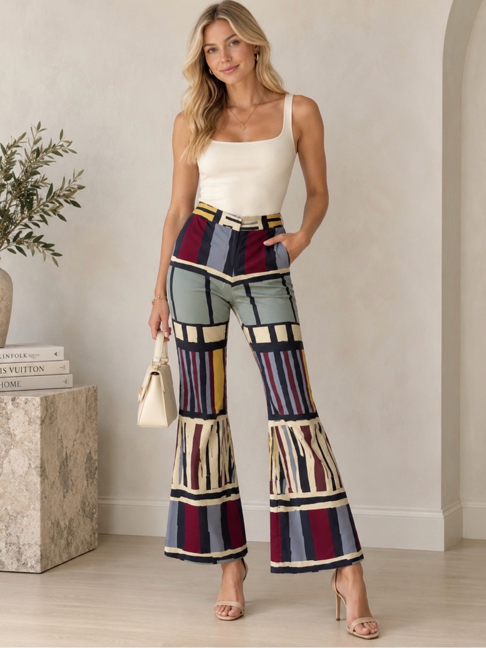Alexis Cream Tank with Multicolor Geometric Flare Pants
